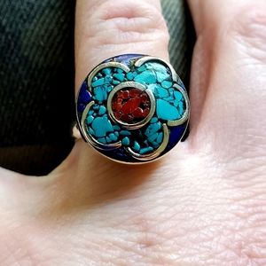 New Turquoise, Lapis Lazuli & Coral Adjustable 925 Silver Ring.